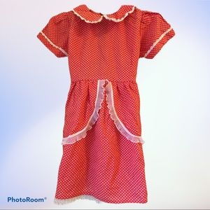 Vintage Red Cotton Ruffled Dress Short Sleeved with White Polk-a-dots Lace Trim